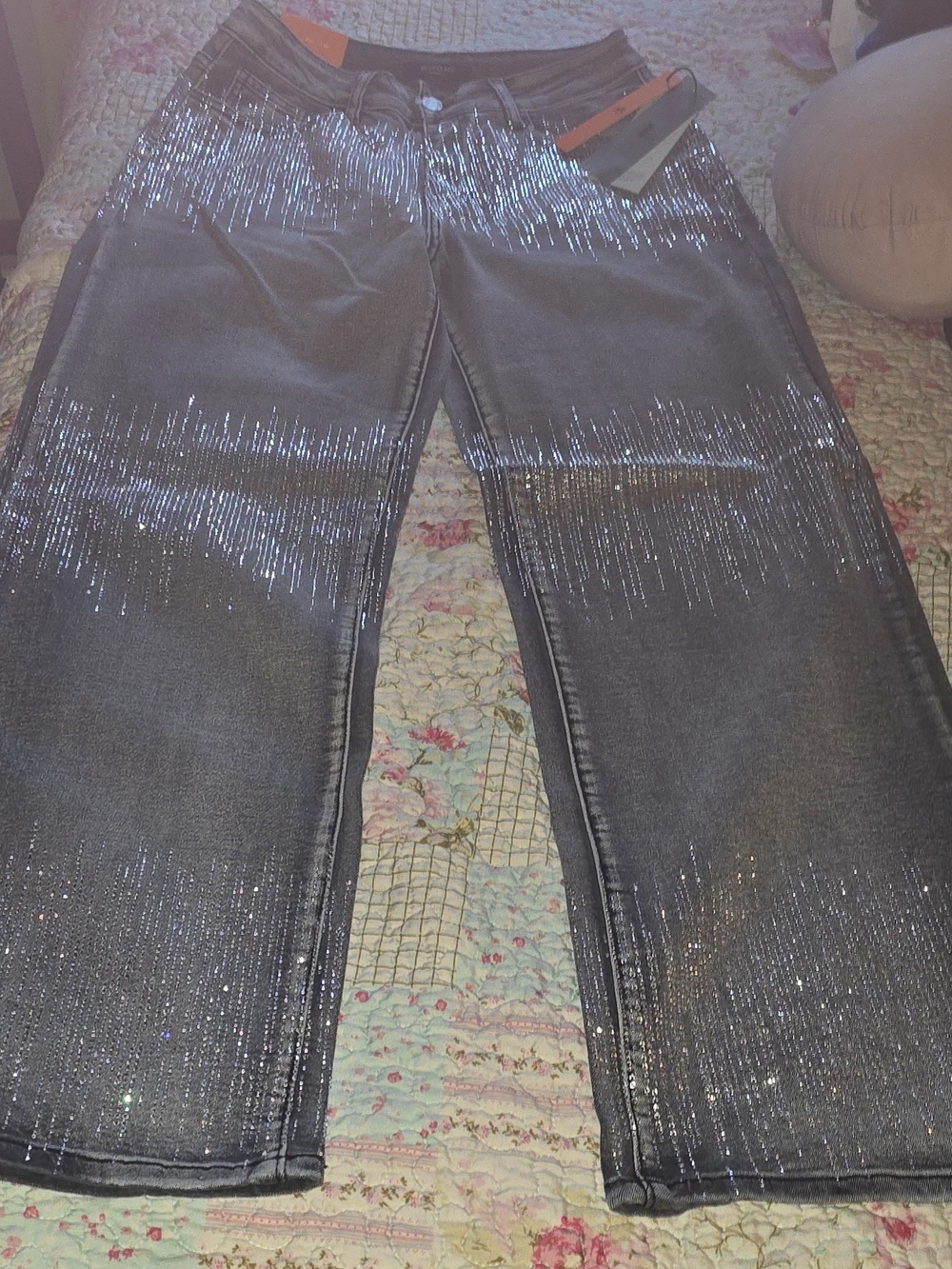 NWT American Bazi Black Rhinestone Wide Leg Jeans Size M Sparkly Stretch Denim